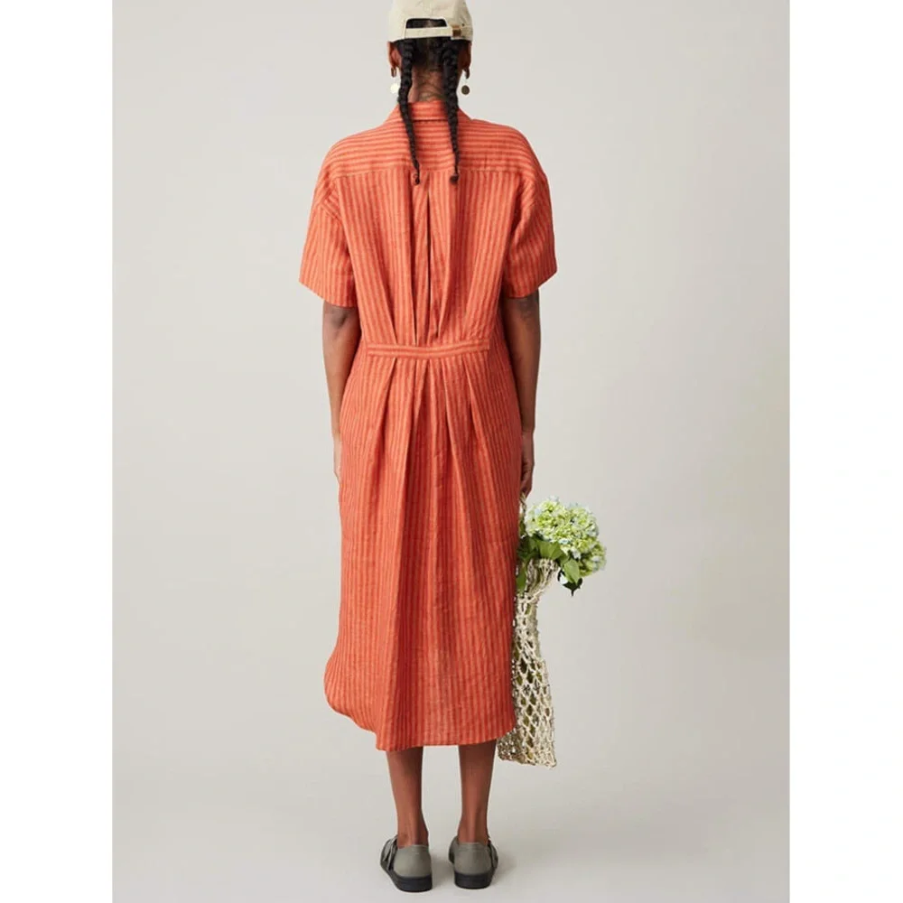 Caron Callahan | Striped Linen Henley Relaxed Midi Shirt Dress - Picture 3 of 16